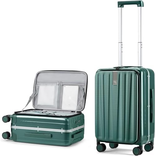 20 Inch Carry On Luggage Aluminum Frame Front Opening Rolling in Dark Green