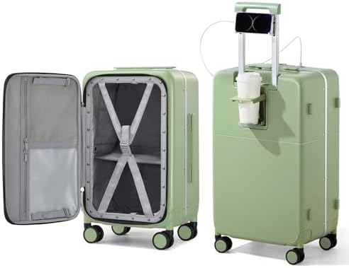 20 Inch Carry On Luggage with Cup Holder and USB Ports in Bamboo Green