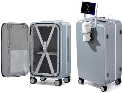 20 Inch Carry On Luggage with Cup Holder and USB Ports in Grey