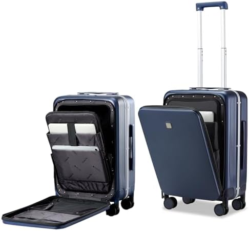 20 Inch Carry On Luggage with Front Pocket Aluminum Frame in Dark Blue