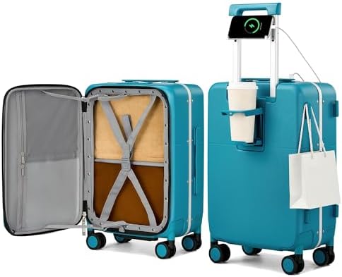 20 Inch Top Opening Carry On Luggage with Cup Holder and USB in Caribbean Blue