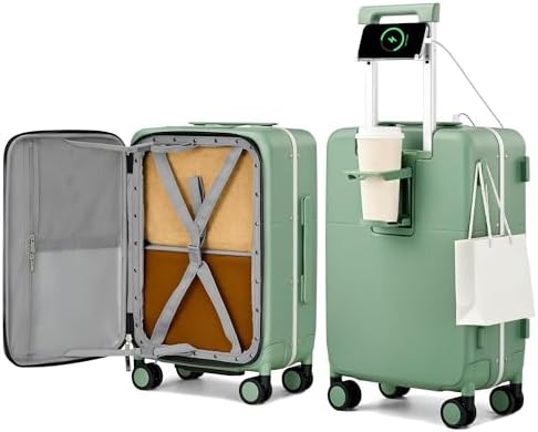 20 Inch Top Opening Carry On Luggage with Cup Holder and USB in Forest Green