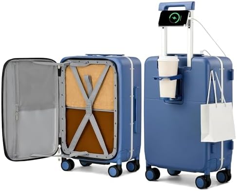 20 Inch Top Opening Carry On Luggage with Cup Holder and USB in Interstellar Blue