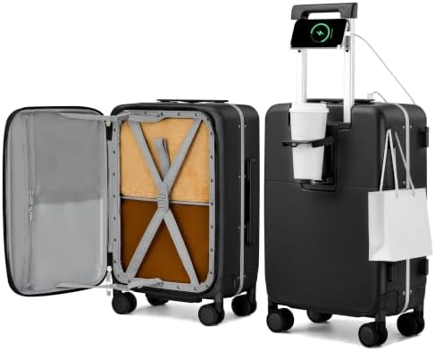 20 Inch Top Opening Carry On Luggage with Cup Holder and USB in Jet Black