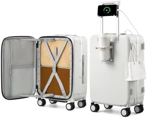 20 Inch Top Opening Carry On Luggage with Cup Holder and USB in Smoke White