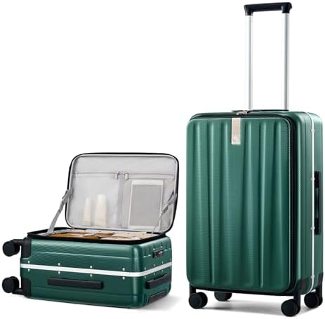 24 Inch Checked Luggage Front Opening Rolling Suitcase Hard in Dark Green
