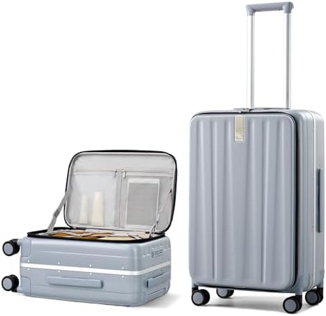24 Inch Checked Luggage Front Opening Rolling Suitcase Hard in Grey