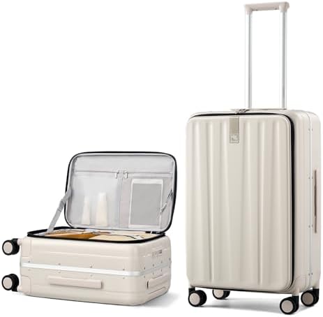 24 Inch Checked Luggage PC Hard Case Luggage Top Opening in Ivory White