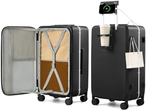 24 Inch Top Opening Checked Luggage with Cup Holder and USB in Jet Black