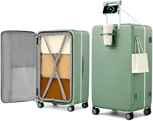 28 Inch Top Opening Checked Luggage with Cup Holder and USB in Forest Green