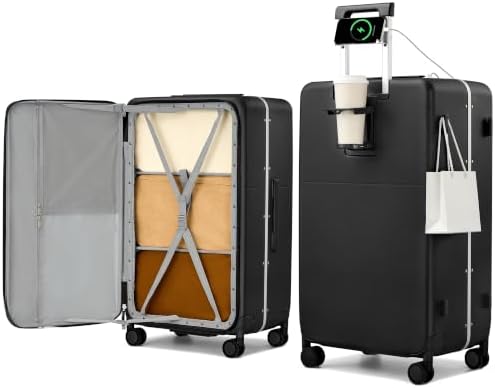 28 Inch Top Opening Checked Luggage with Cup Holder and USB in Jet Black