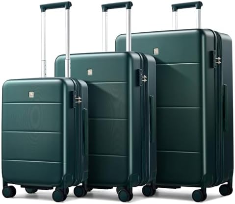 3 Piece Luggage Set Expandable Hardside Suitcases with Spinner in Blackish Green