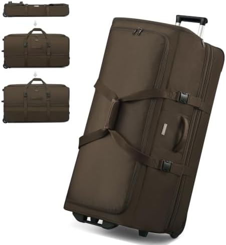 35 Inch Extra Large Expandable Rolling Duffle Bag with 2 Wheels in Coffee
