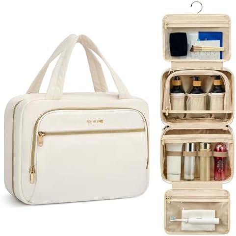 Hanging Travel Toiletry Bag for Women Portable Makeup Bag in Off White