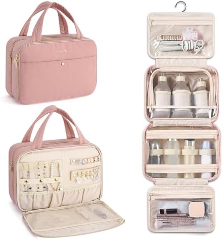 Hanging Travel Toiletry Bag with Jewelry Organizer in Pink