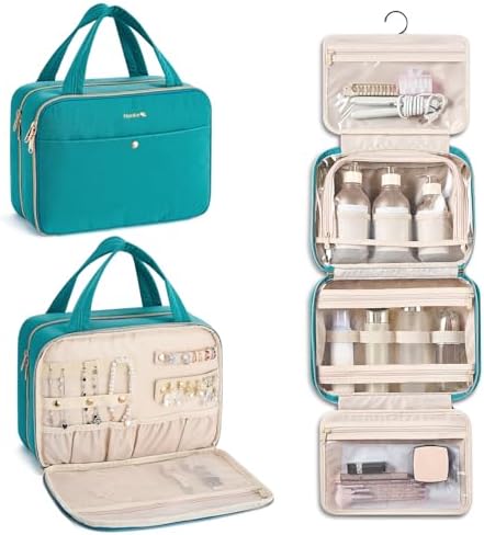 Hanging Travel Toiletry Bag with Jewelry Organizer in Turquoise Green
