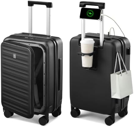 Top Opening Carry On Luggage with Cup Holder in Jet Black