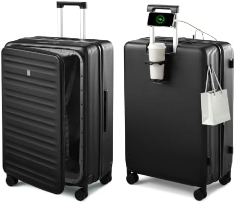 Top Opening Large Checked Luggage with Cup Holder Expandable 28 in Jet Black