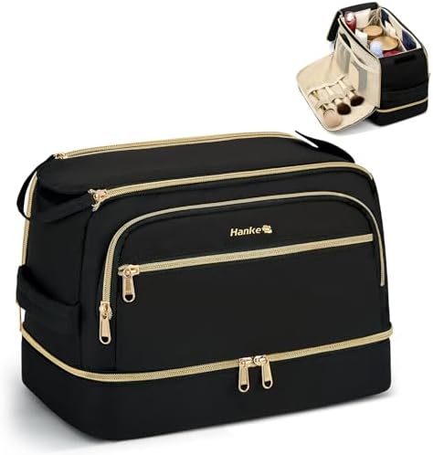 Travel Toiletry Bag, Wide-Open Dual-Layer Water Resistant Makeup in Black