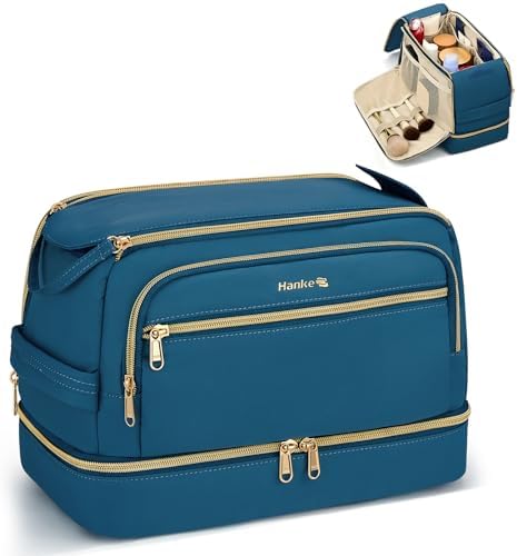 Travel Toiletry Bag, Wide-Open Dual-Layer Water Resistant Makeup in Navy Blue