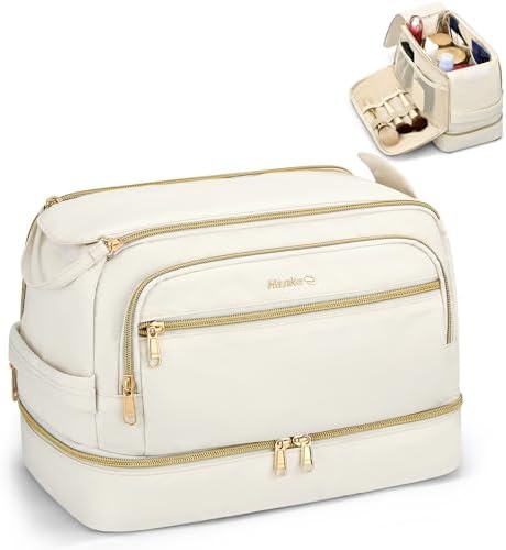 Travel Toiletry Bag, Wide-Open Dual-Layer Water Resistant Makeup in Off White