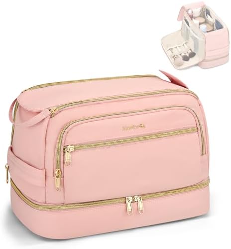 Travel Toiletry Bag, Wide-Open Dual-Layer Water Resistant Makeup in Pink